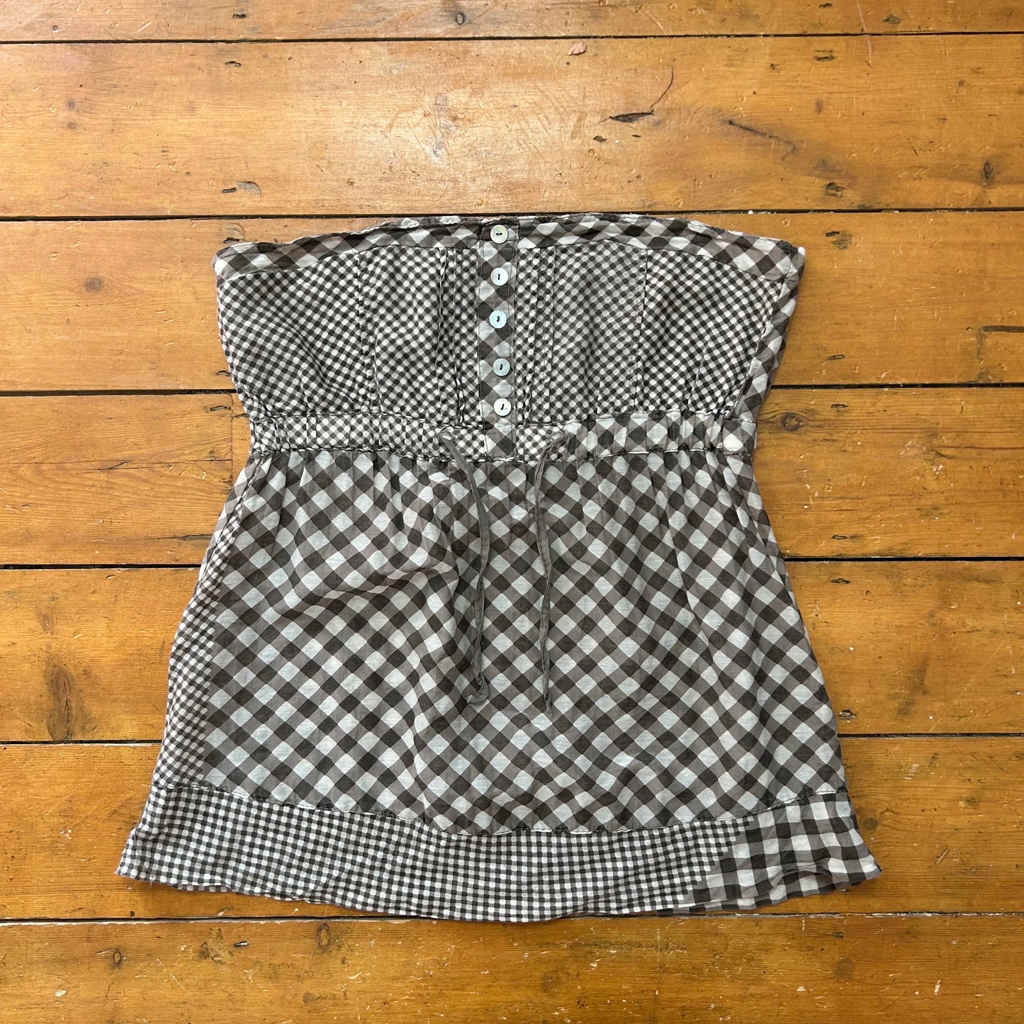 vintage 00s grey and brown gingham strapless top