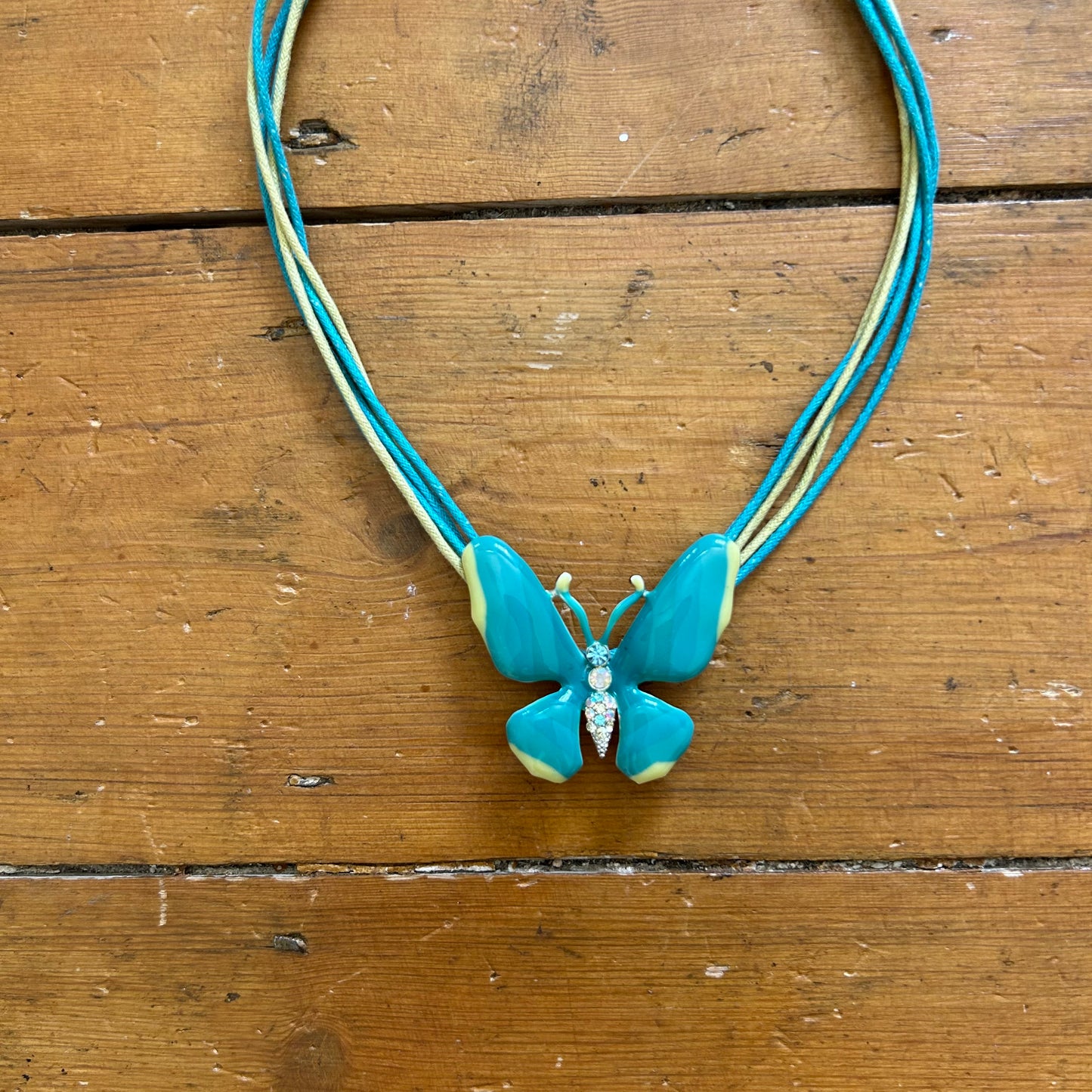 vintage 00s teal and yellow butterfly pendant necklace