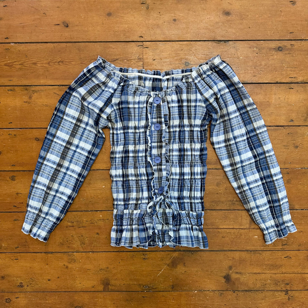 vintage 00s navy gingham milkmaid long sleeve top