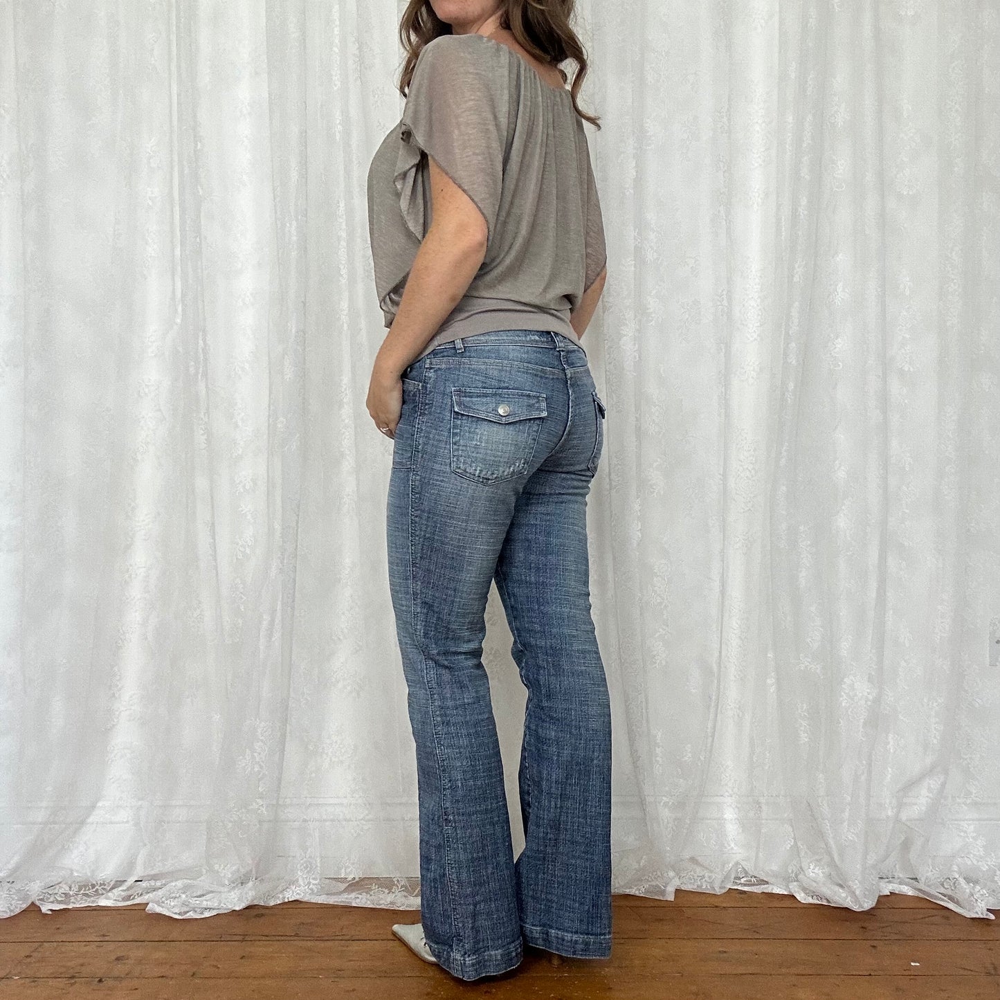 vintage 00s grey bat wing cinched waist top