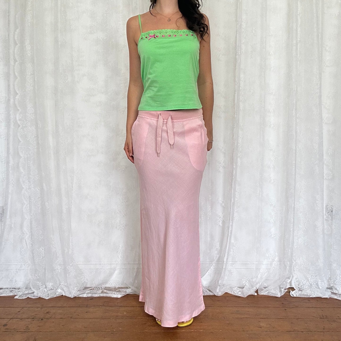 vintage 00s green broderie trim cami top