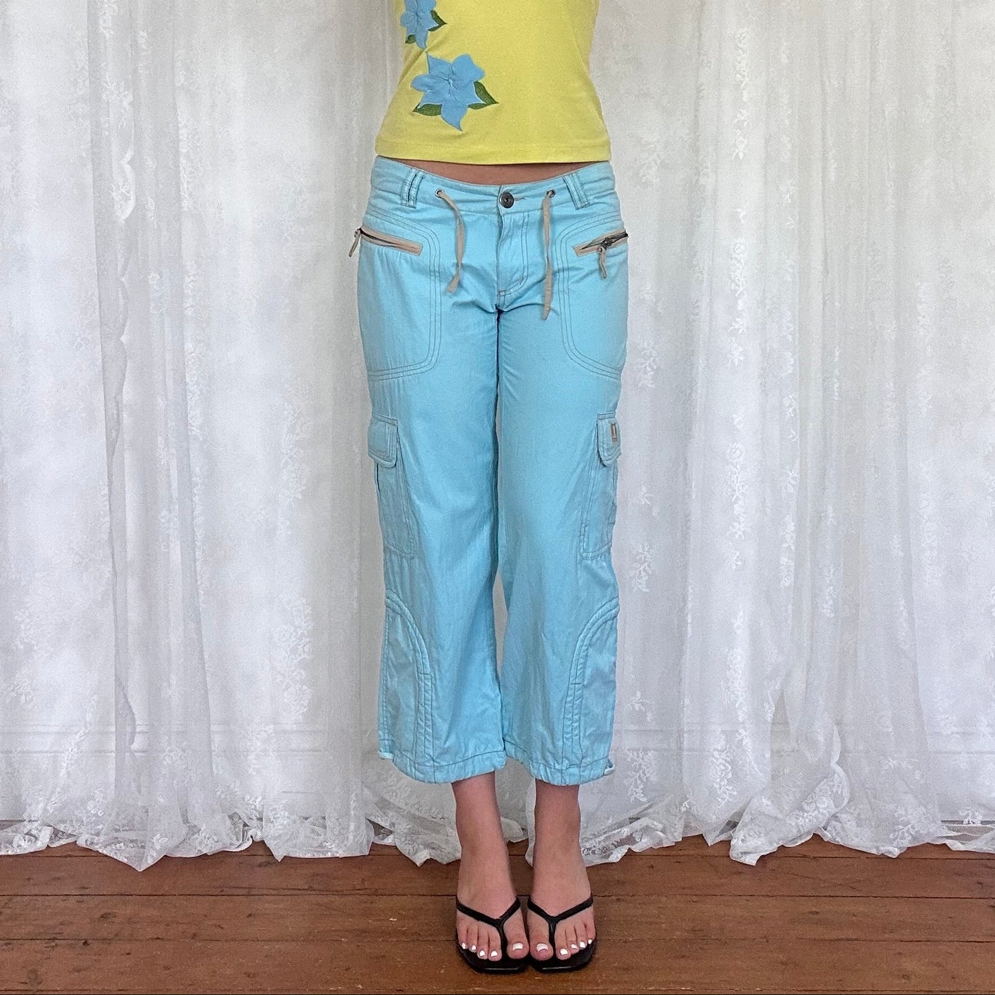 vintage 00s teal blue cropped cargo capris
