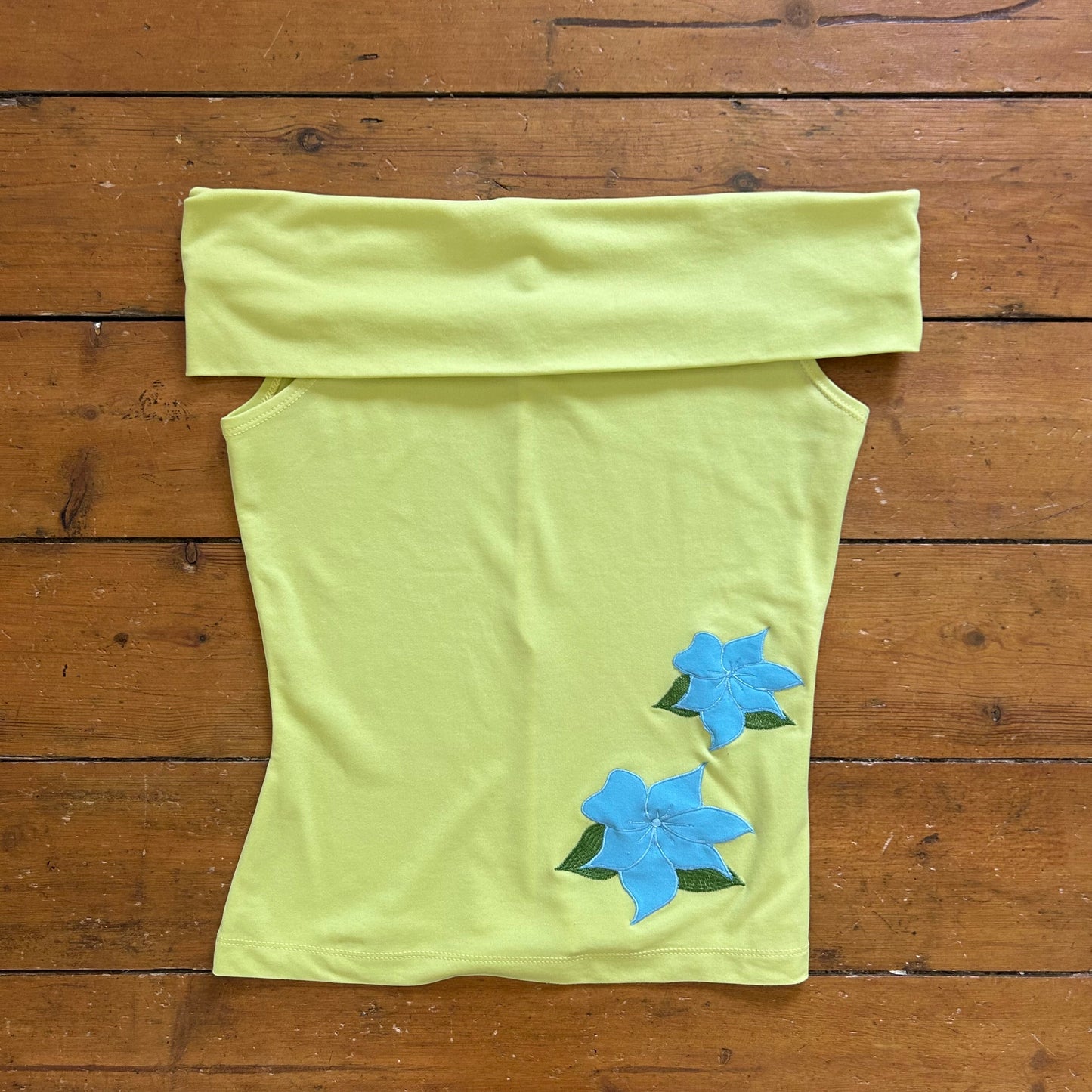 vintage 00s lime green floral off shoulder top