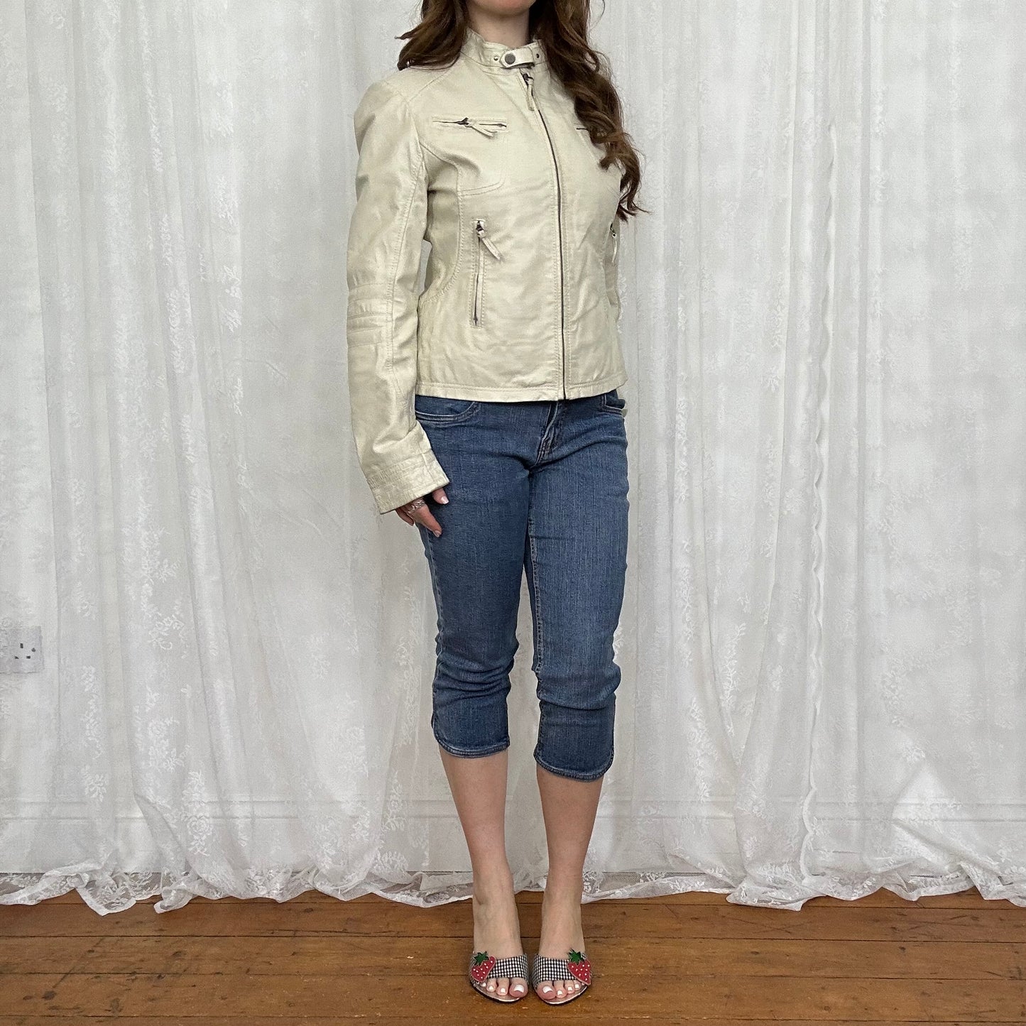 vintage 00s white leather biker jacket