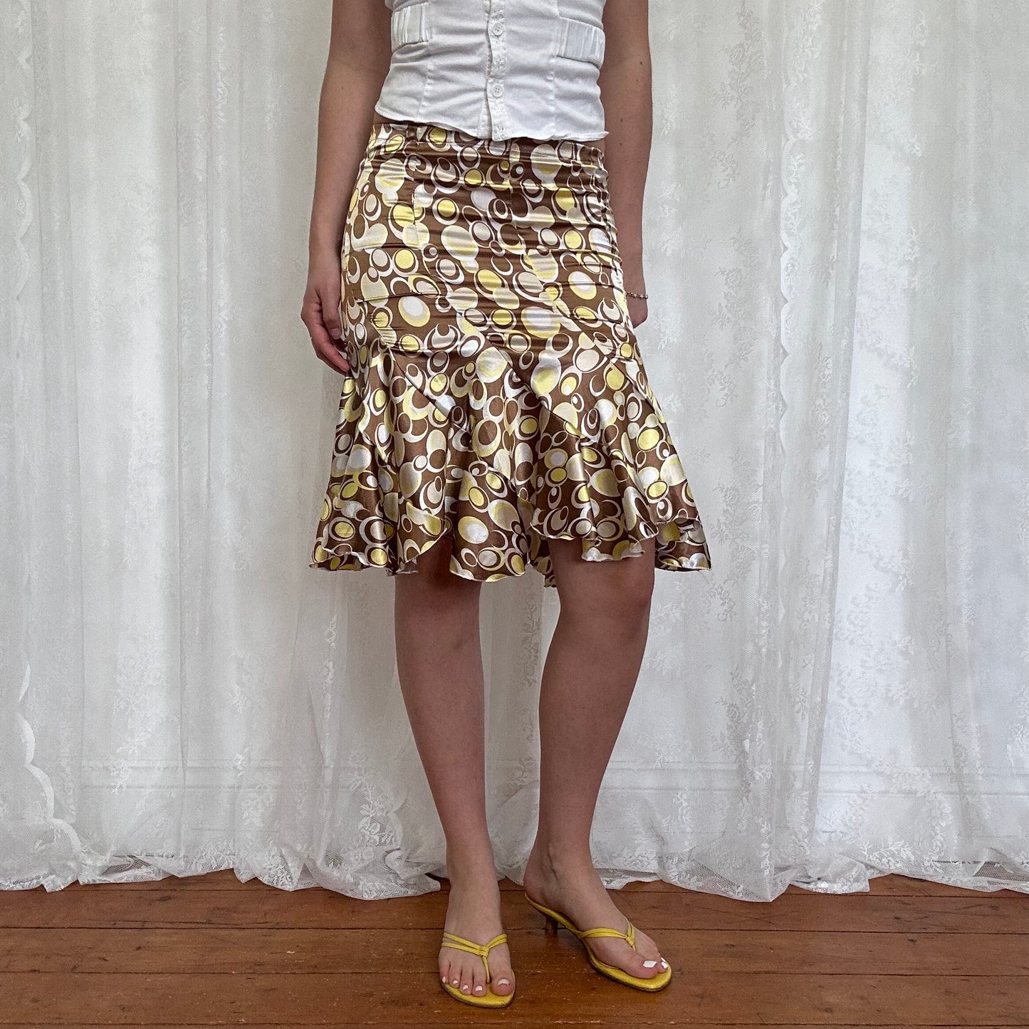 vintage 00s brown satin circle print flared midi skirt