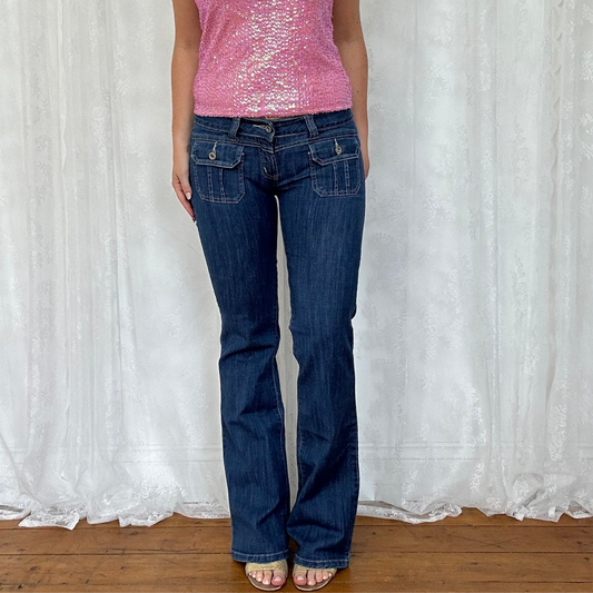 vintage 00s dark denim double pocket low rise flared jeans