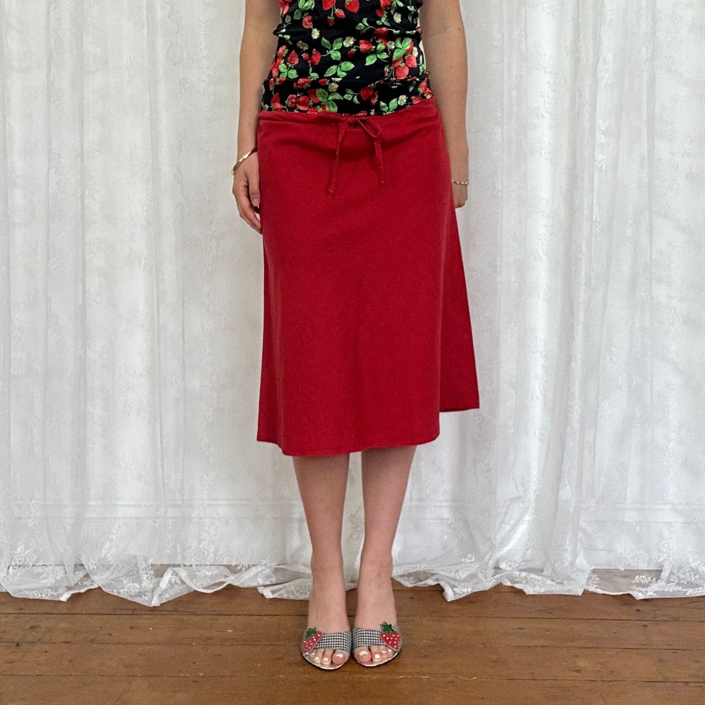 vintage 00s red linen midi skirt