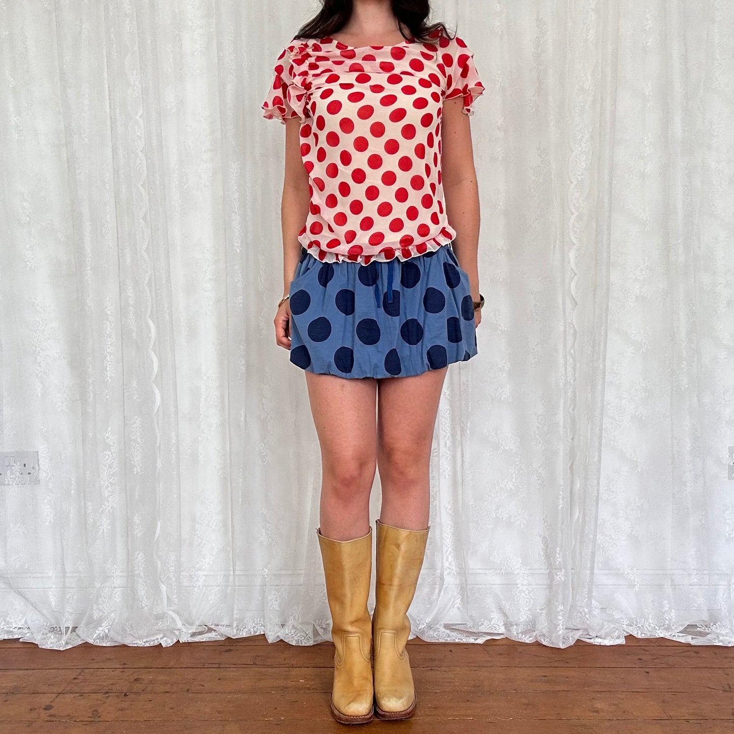 vintage 00s red polka dot ruffle top