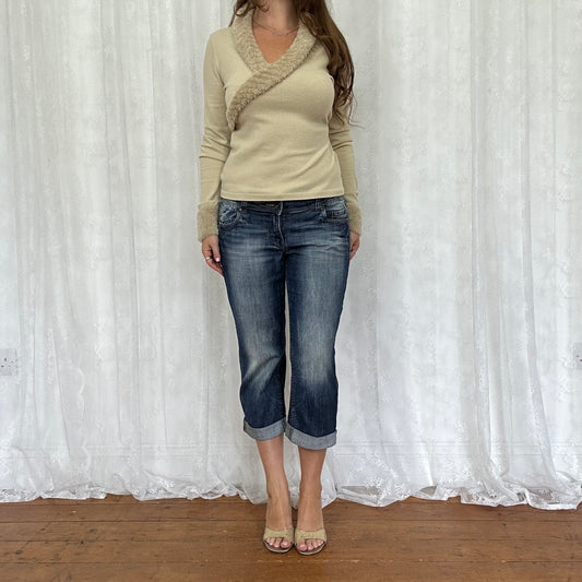 vintage 00s beige fur trim tie back jumper