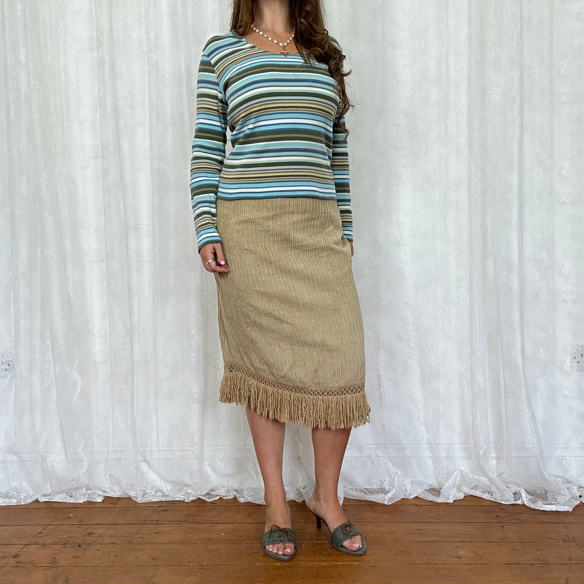 vintage 00s brown and blue striped long sleeve top