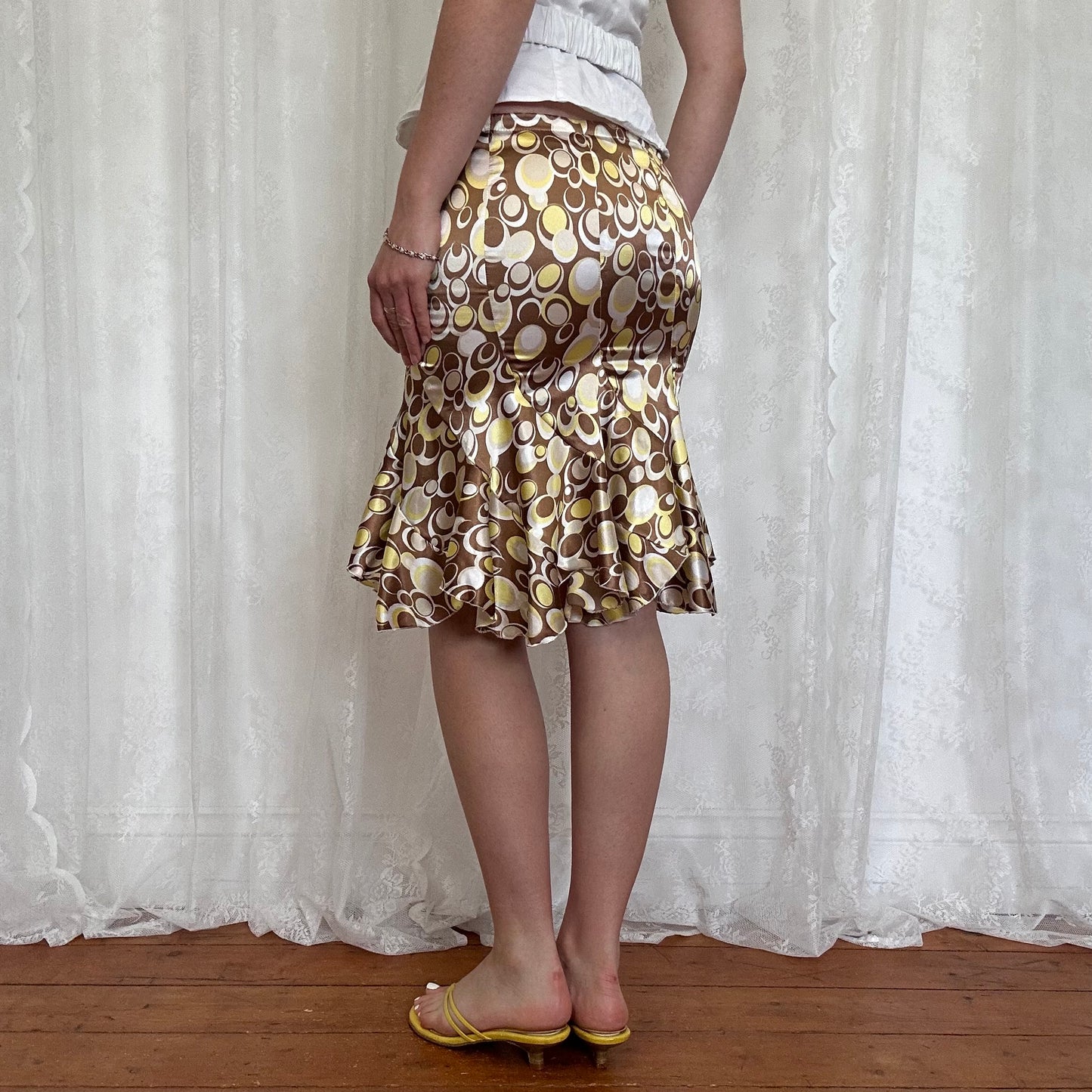 vintage 00s brown satin circle print flared midi skirt