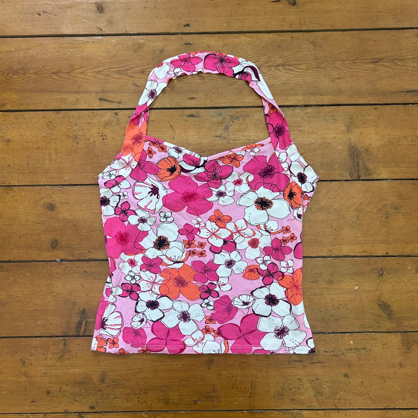 vintage 00s pink hibiscus halter neck cami
