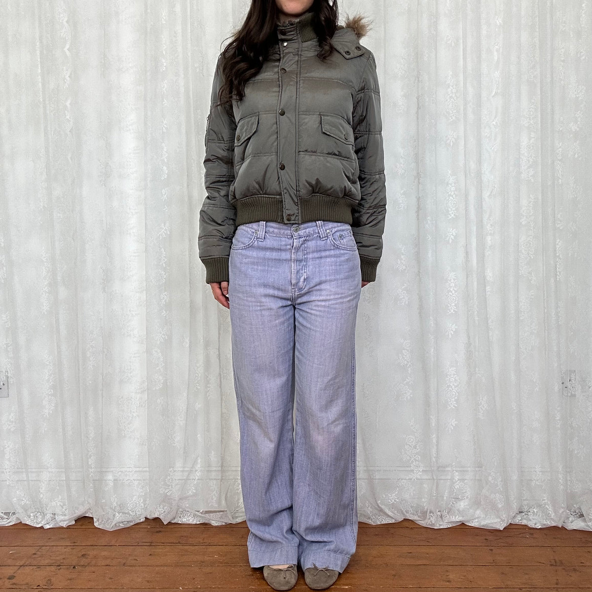 vintage 00s grey / brown hooded bomber with faux fur trim
