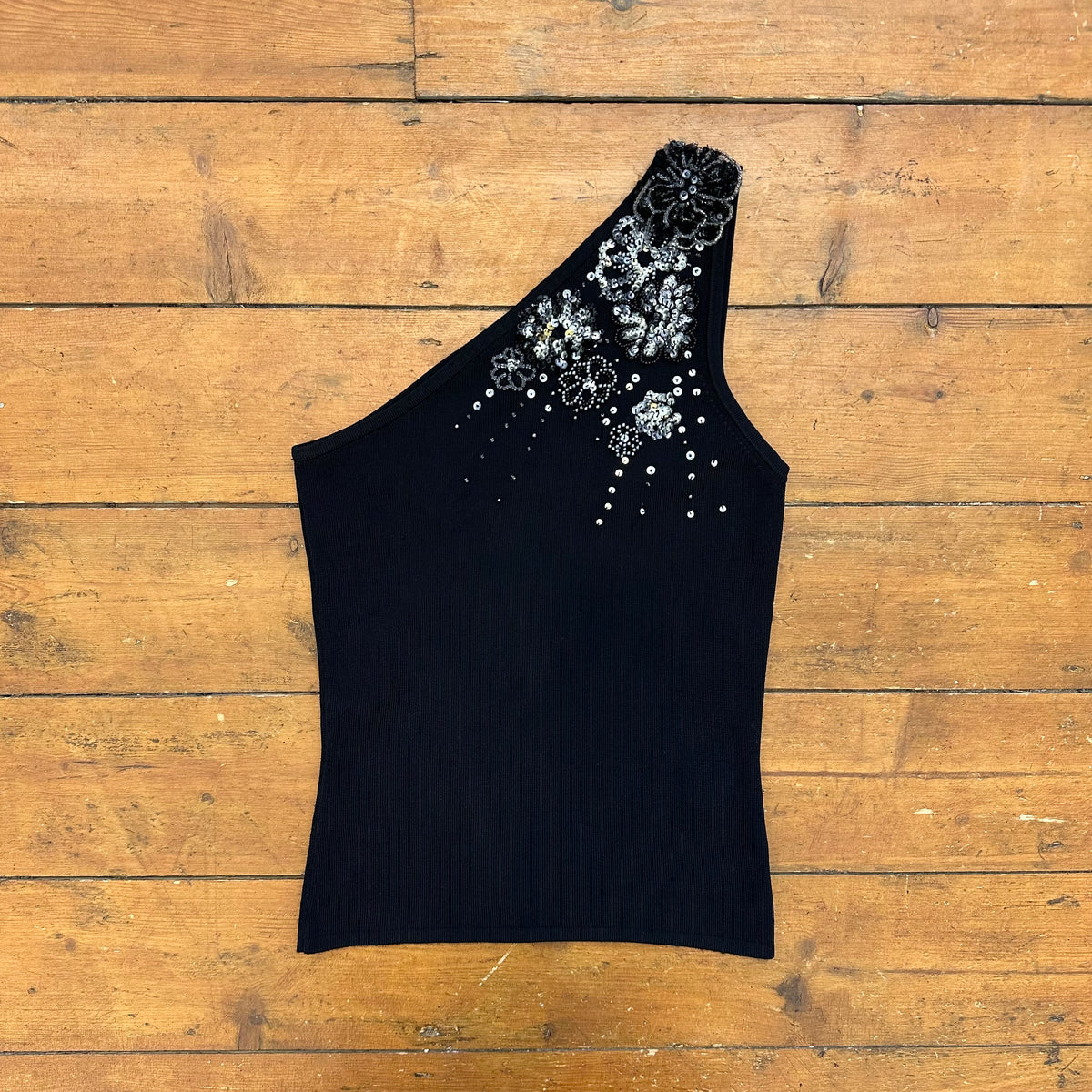 vintage 00s black beaded sequin detail one shoulder top