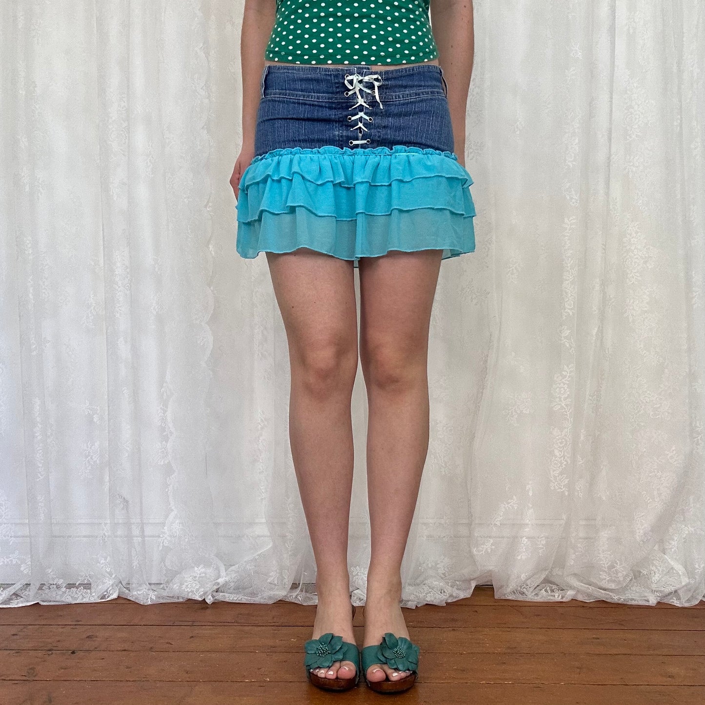vintage 00s blue mesh ruffle denim mini skirt