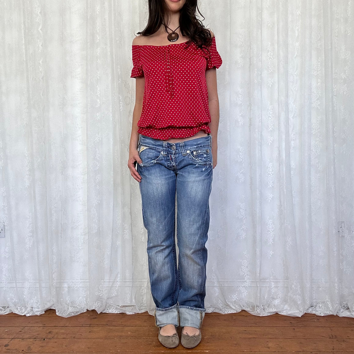 vintage 00s red polka dot milkmaid top
