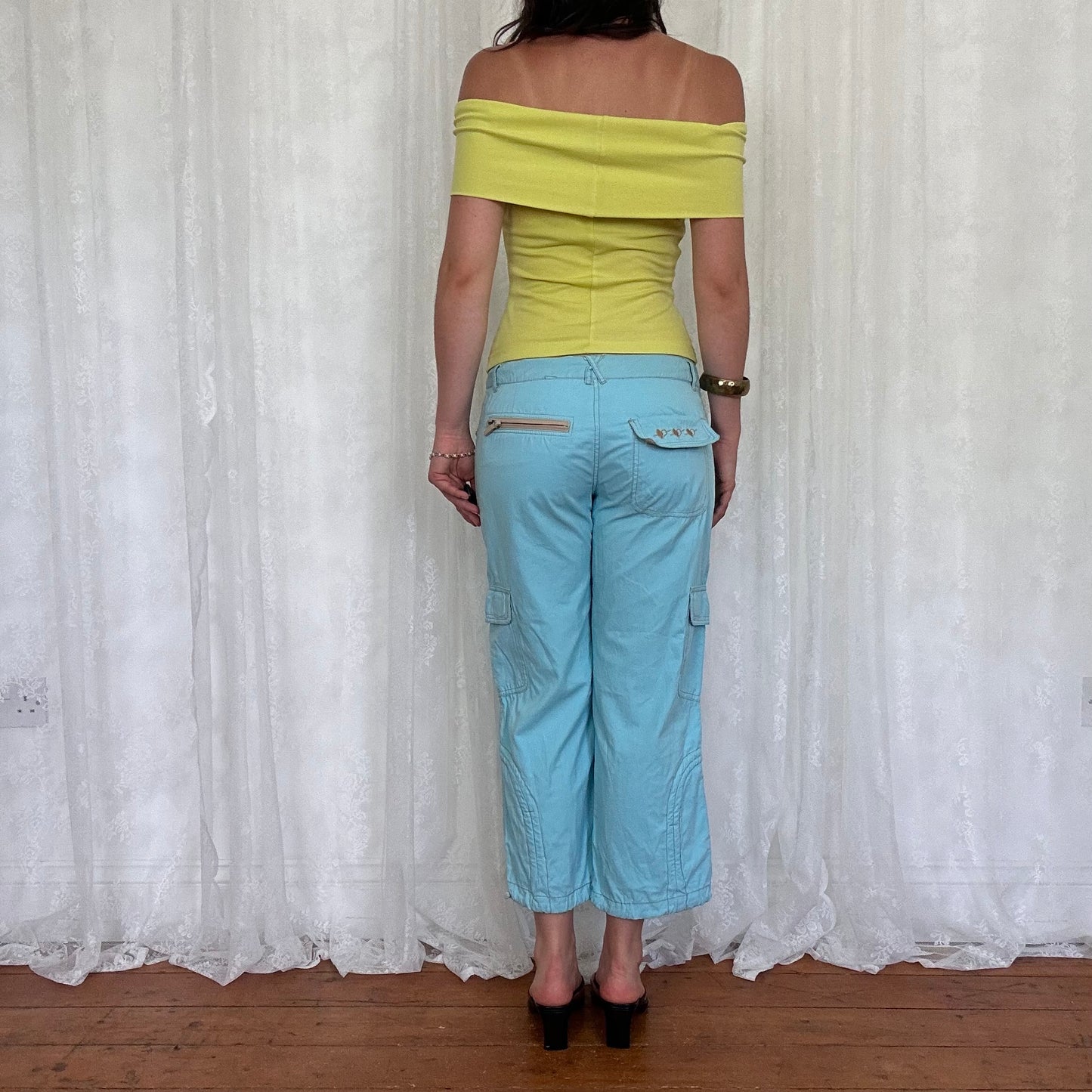 vintage 00s lime green floral off shoulder top