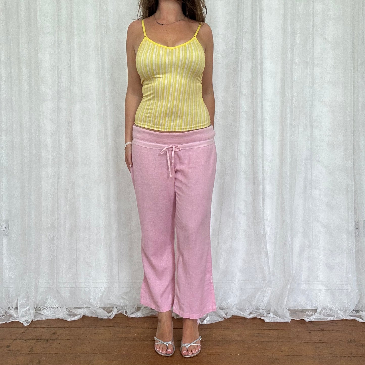 vintage 00s baby pink linen cropped trousers