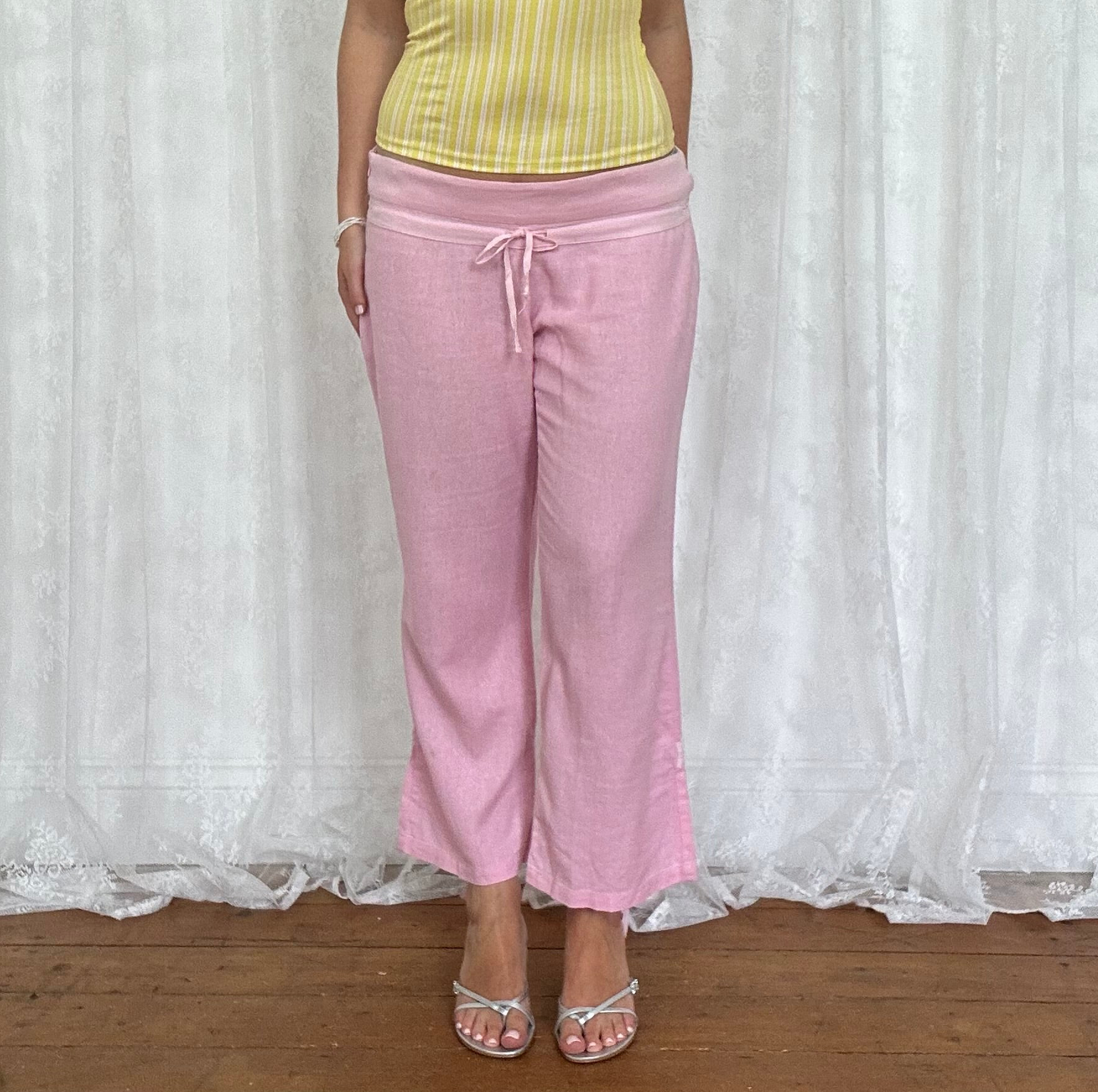 vintage 00s baby pink linen cropped trousers