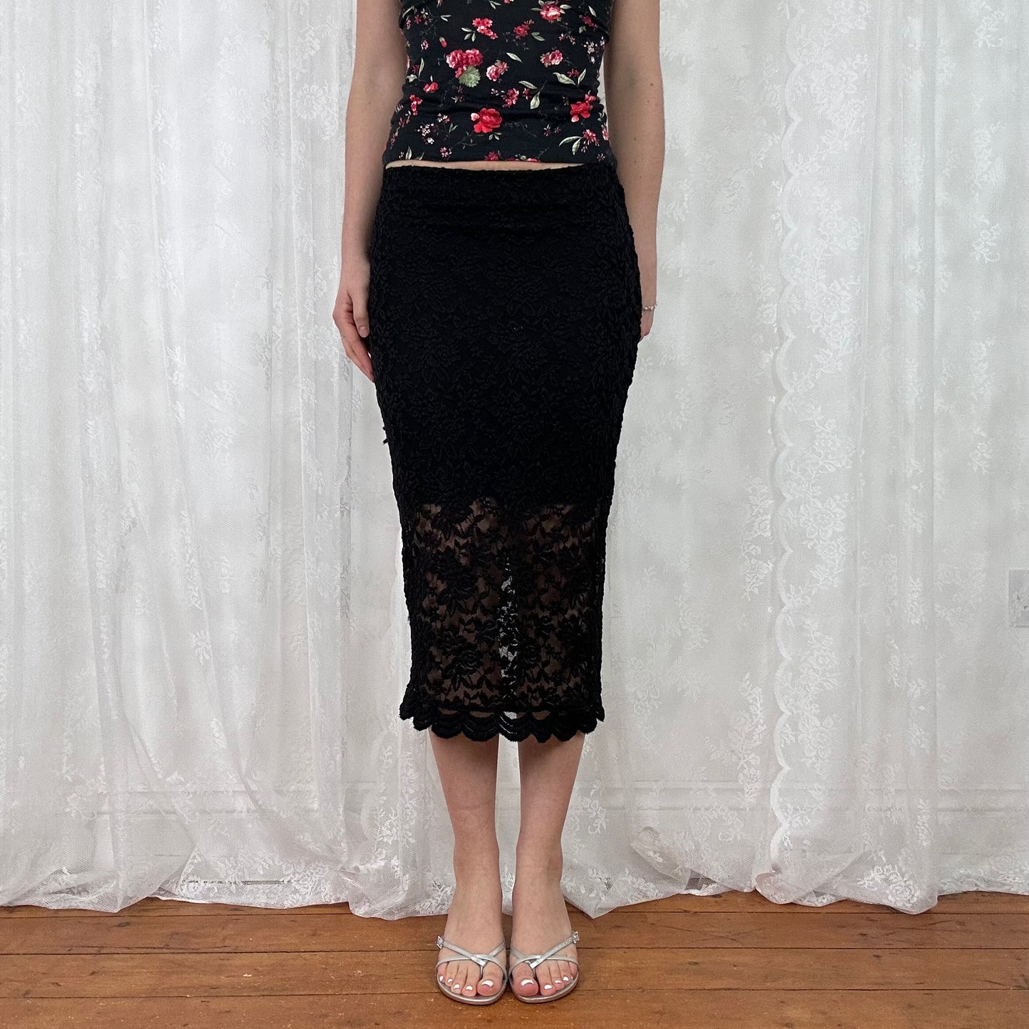 vintage 00s black lace midi skirt