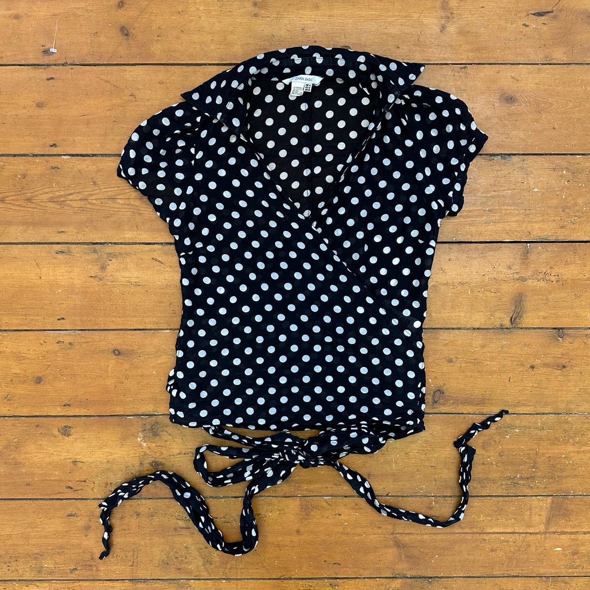 vintage 00s black polka dot silk wrap shirt