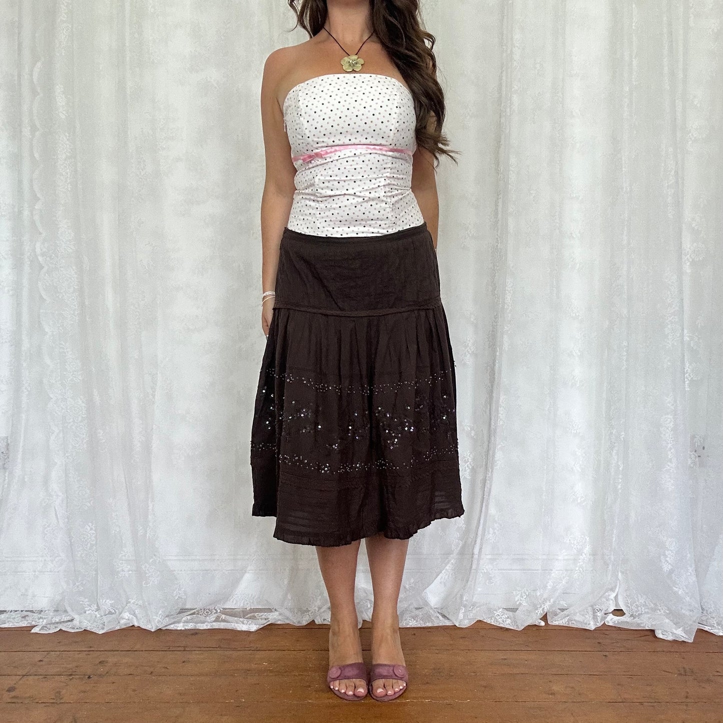 vintage 00s brown beaded tiered midi skirt