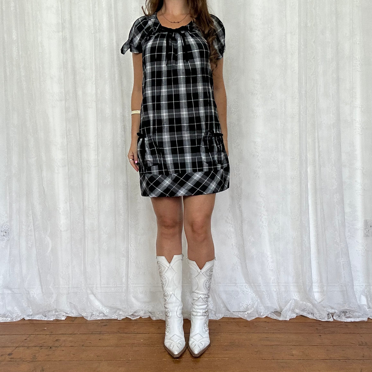 vintage 00s black checkered mini shift dress