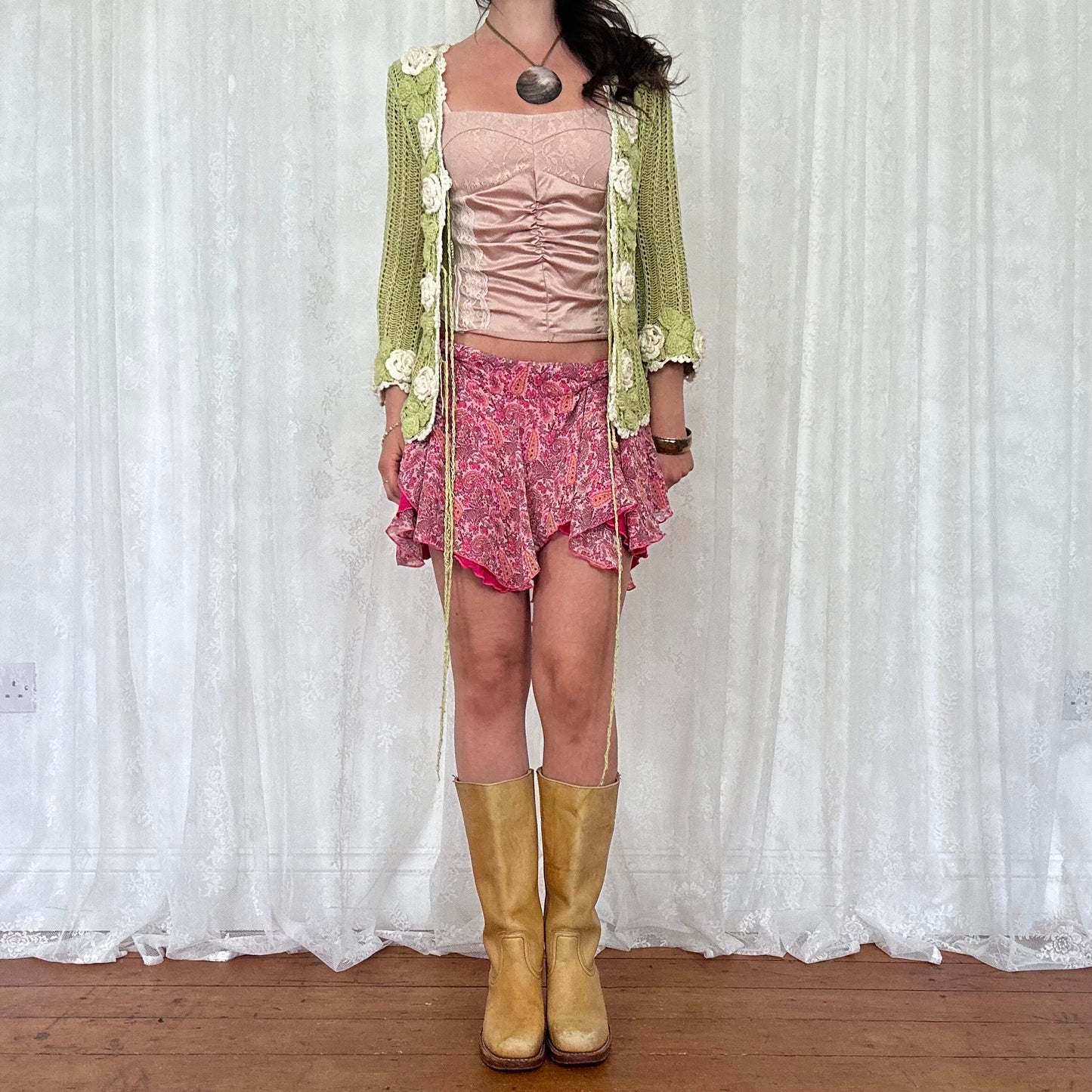vintage 00s green floral crochet knitted cardigan
