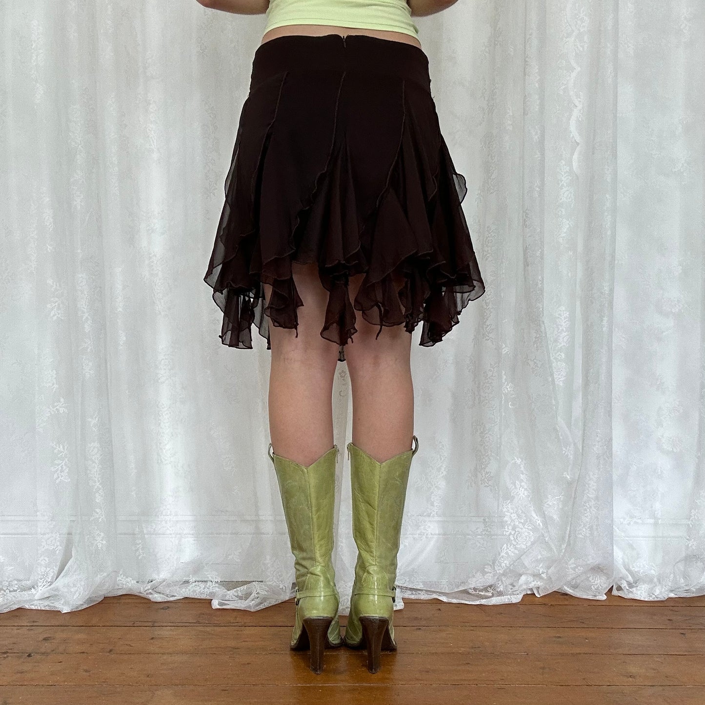 vintage 00s brown sequin frill mesh midi skirt