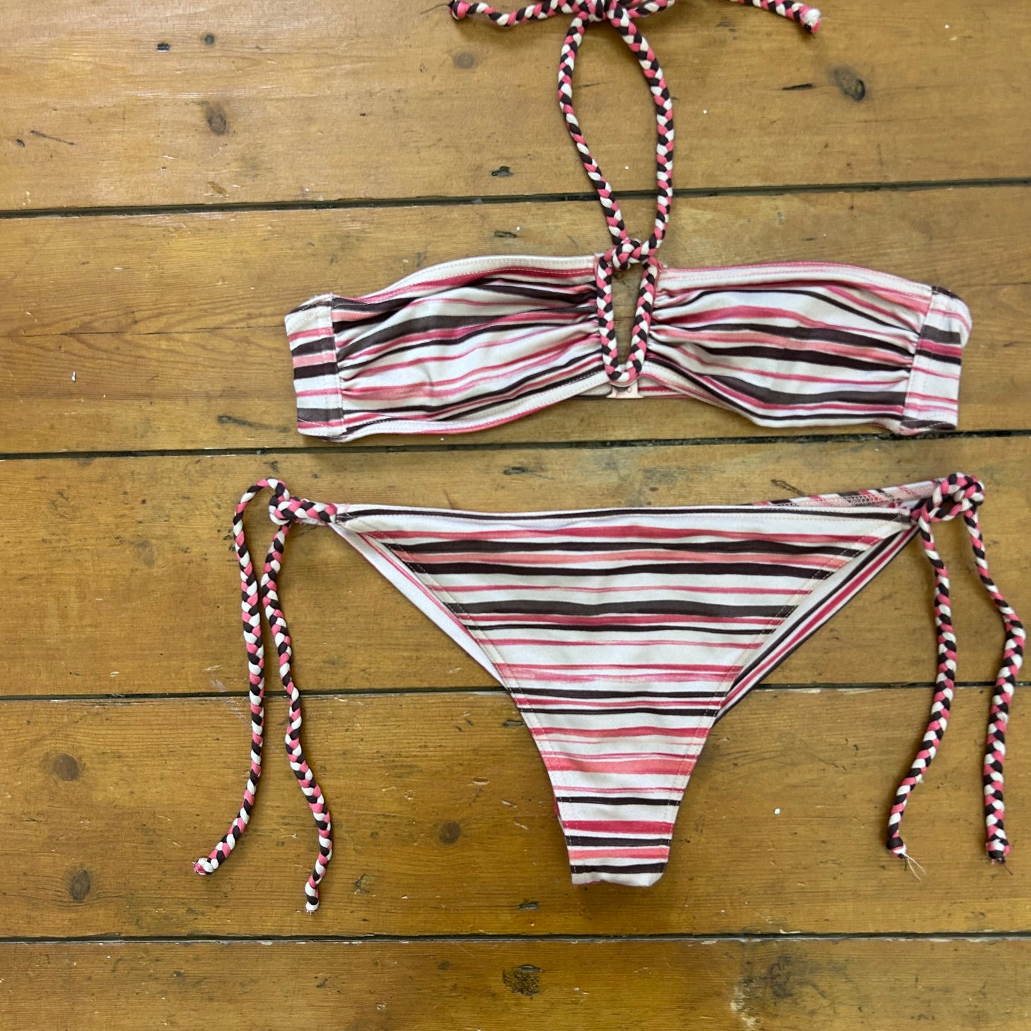 vintage 00s brown and pink stripe bikini