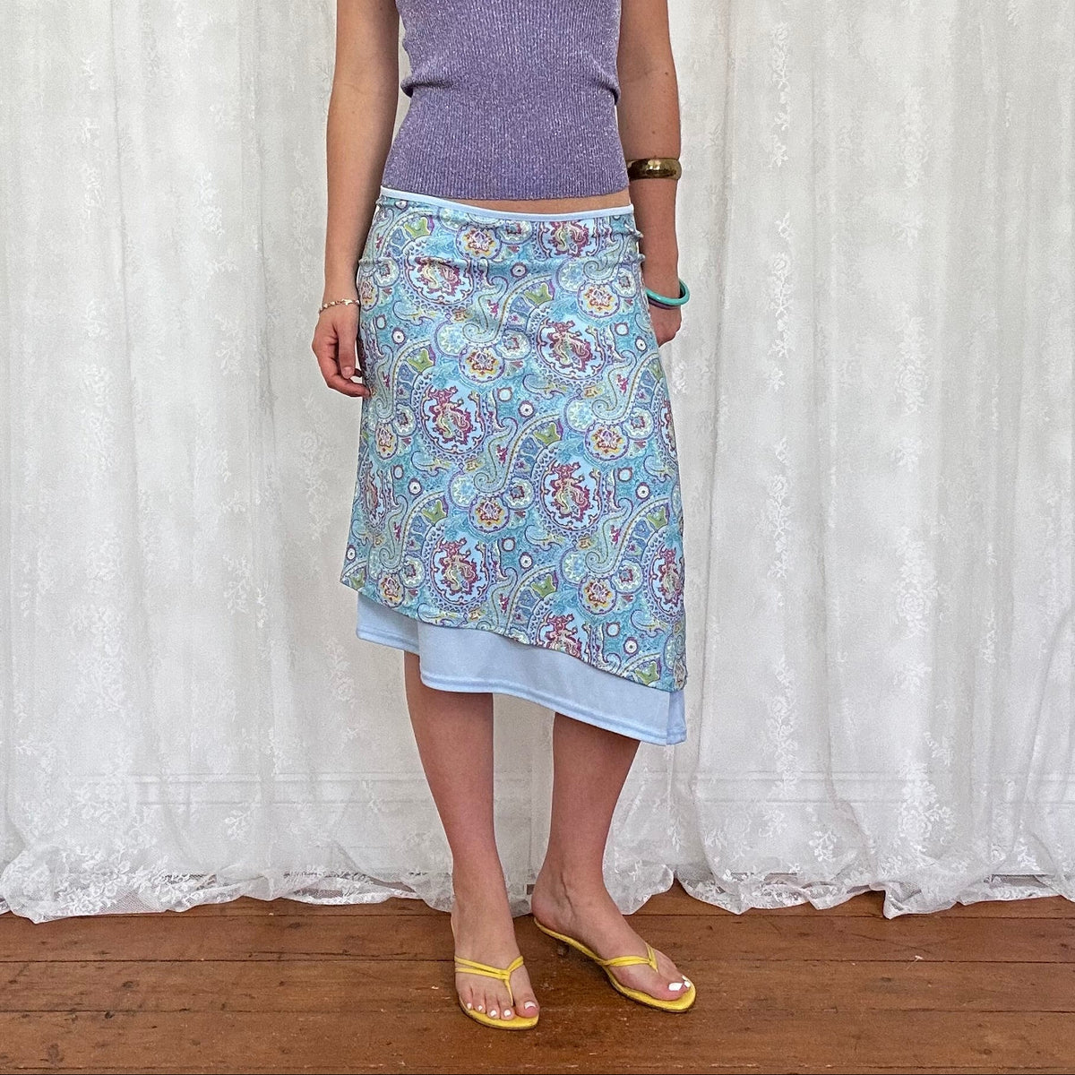 vintage 00s blue paisley asymmetrical midi skirt