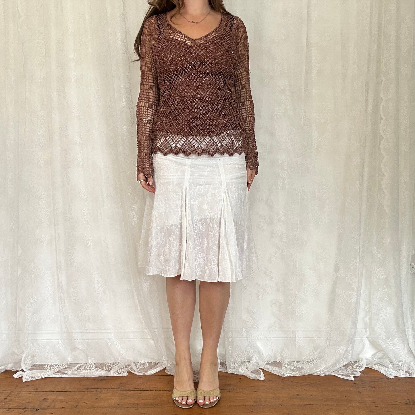 vintage 00s brown crochet long sleeve top with cami underlay