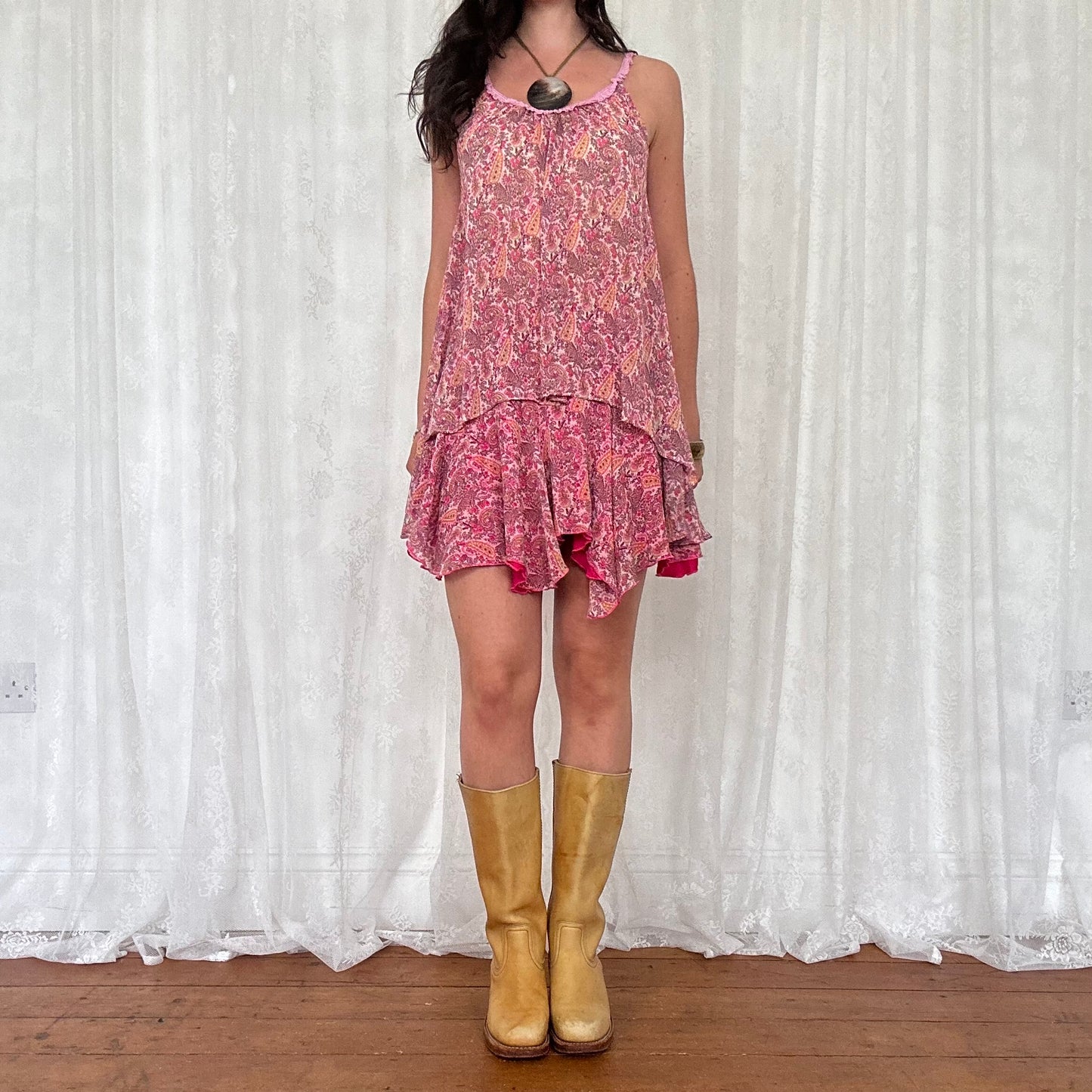 vintage 00s pink paisley floaty mesh cami and mini skirt set