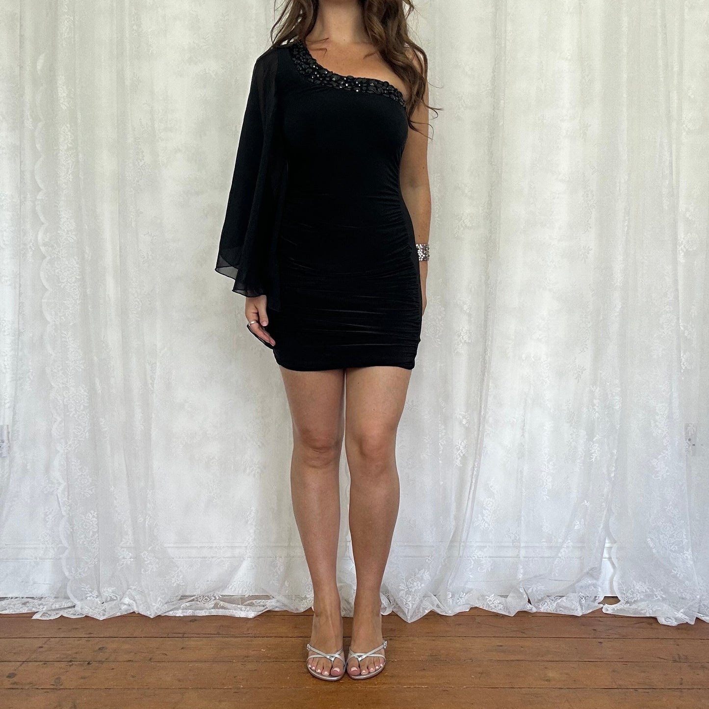 vintage 00s black one shoulder club dress