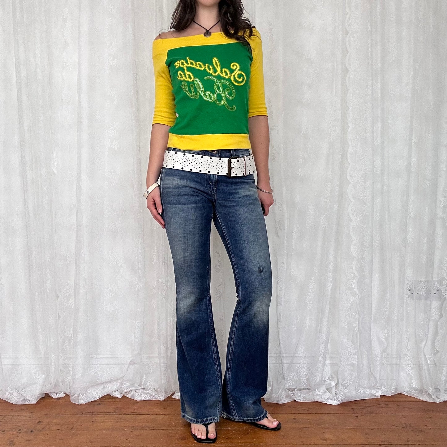 vintage 00s yellow and green sequin crop sleeve top