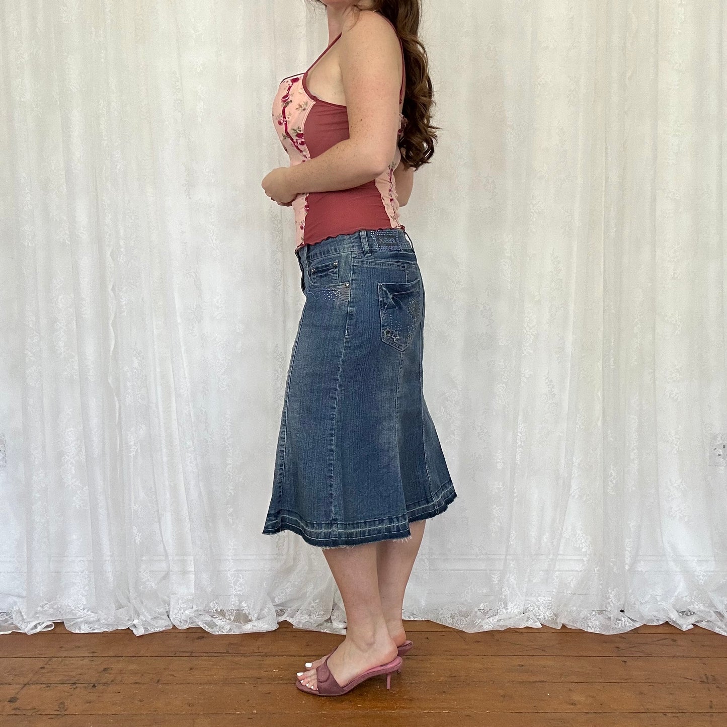 vintage 00s rhinestone detail denim midi skirt