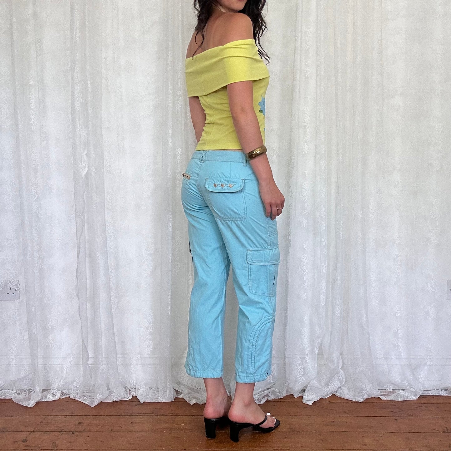 vintage 00s lime green floral off shoulder top