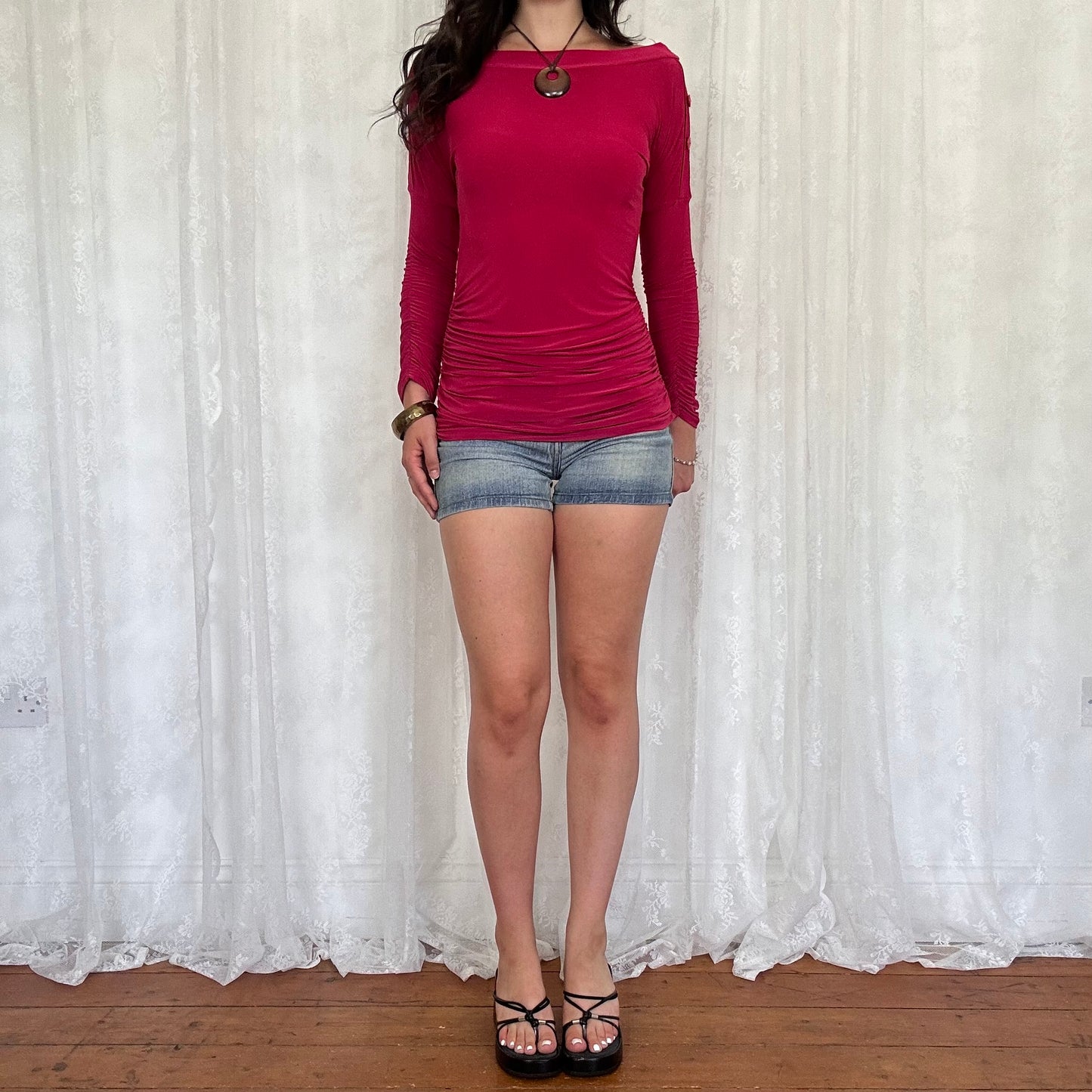 vintage 00s hot pink slouchy ruched top with button details