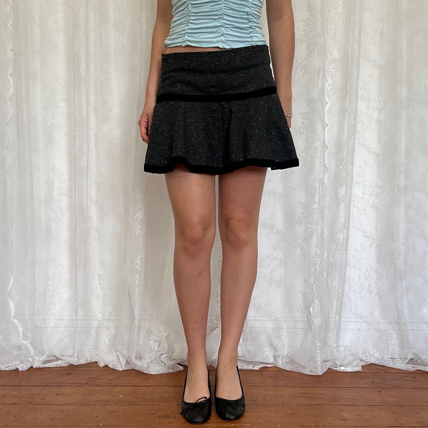 vintage 00s grey tweed office siren mini skirt