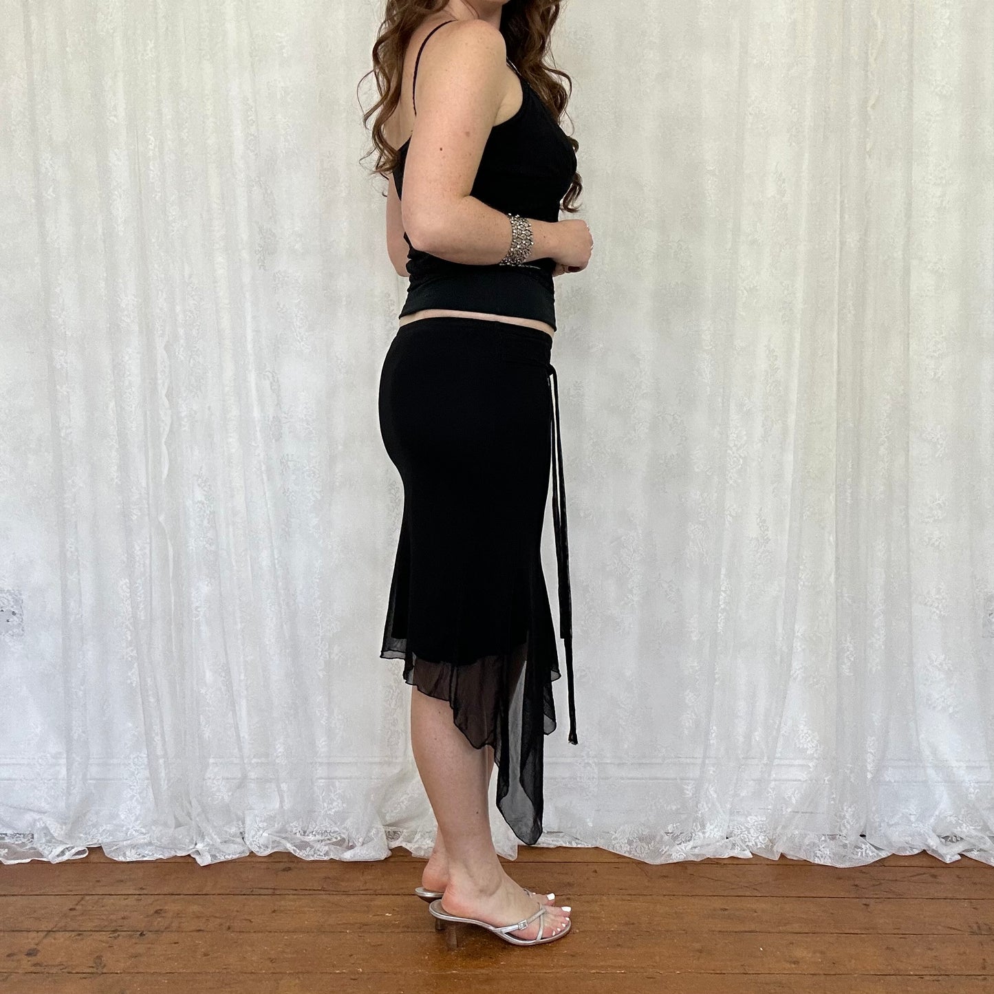 vintage 00s black asymmetrical mesh midi skirt
