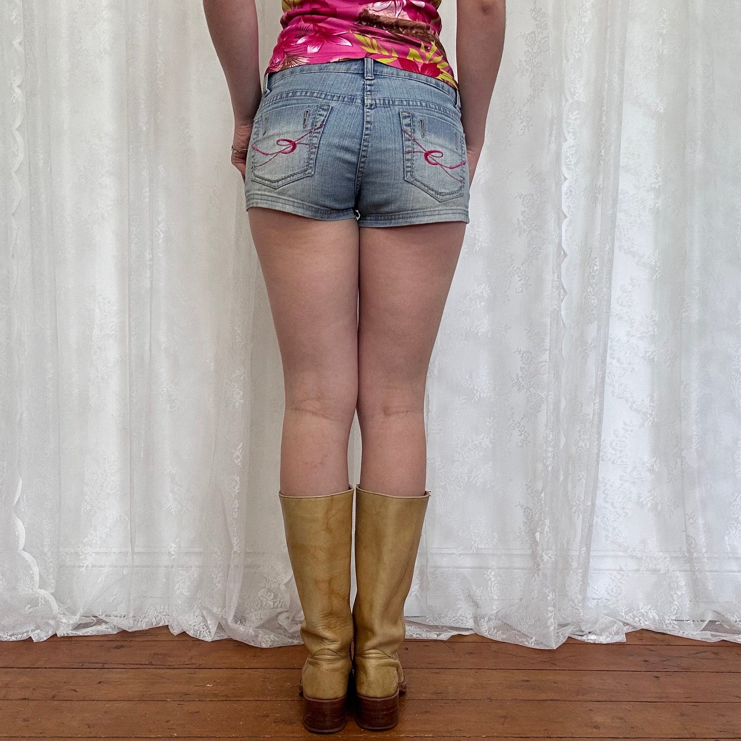 vintage 00s denim micro mini shorts with pink back pocket embroidery