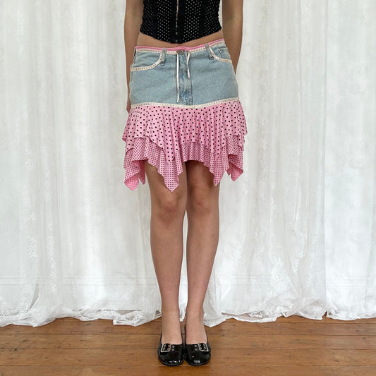 vintage 00s pink and black polka dot denim mini skirt