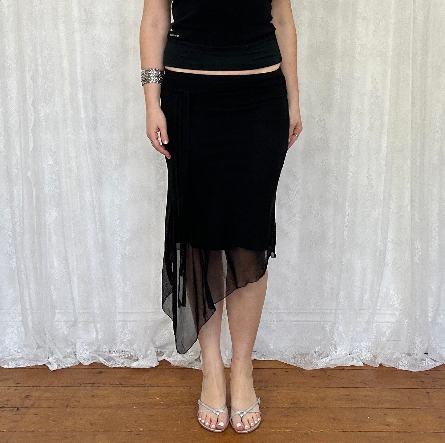 vintage 00s black asymmetrical mesh midi skirt