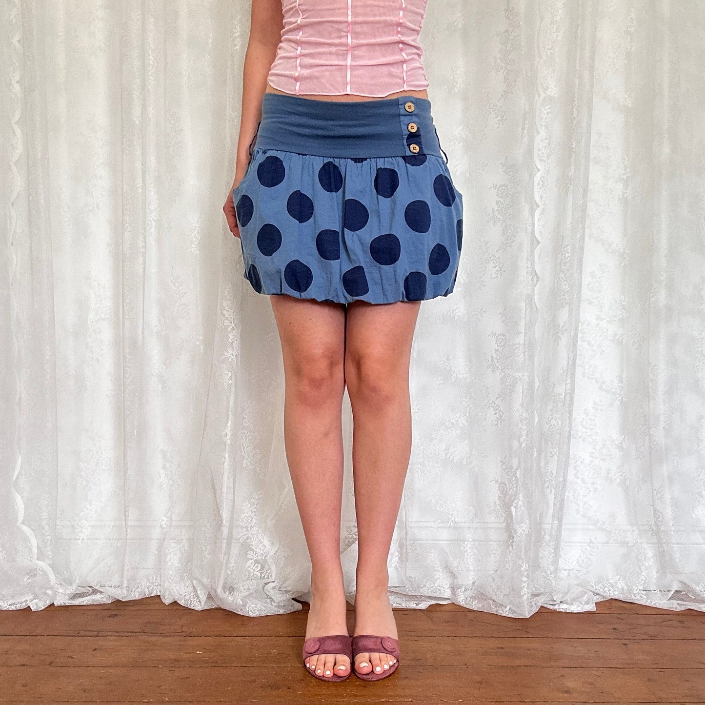 vintage 00s blue polka dot puffball skirt