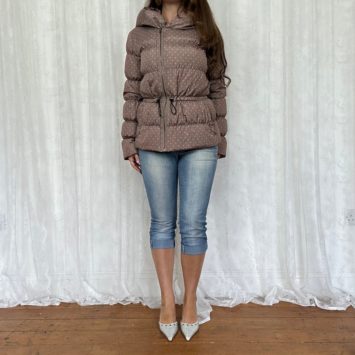 vintage 00s brown and pink polka dot puffer jacket