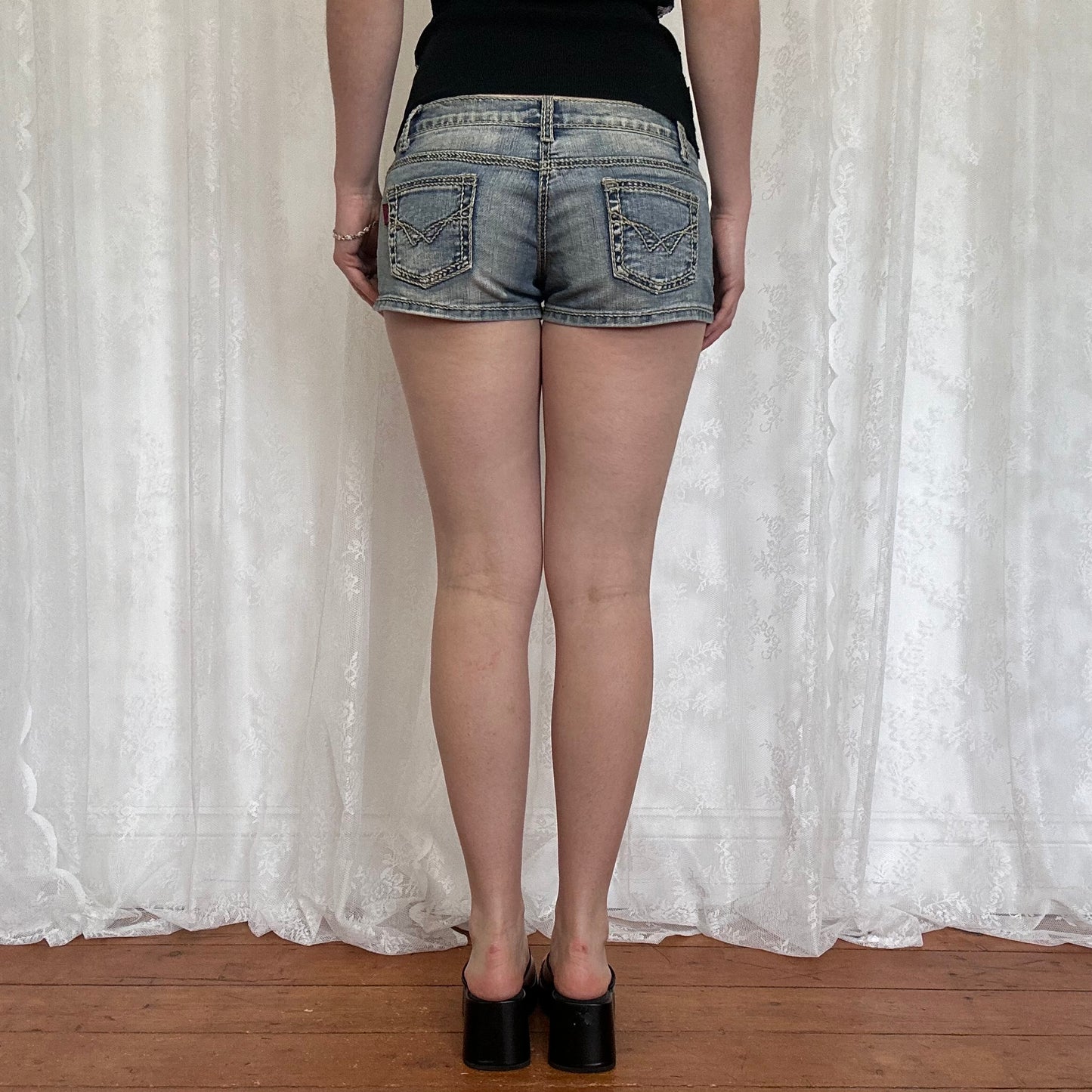 vintage 00s denim micro mini shorts with contrast stitching