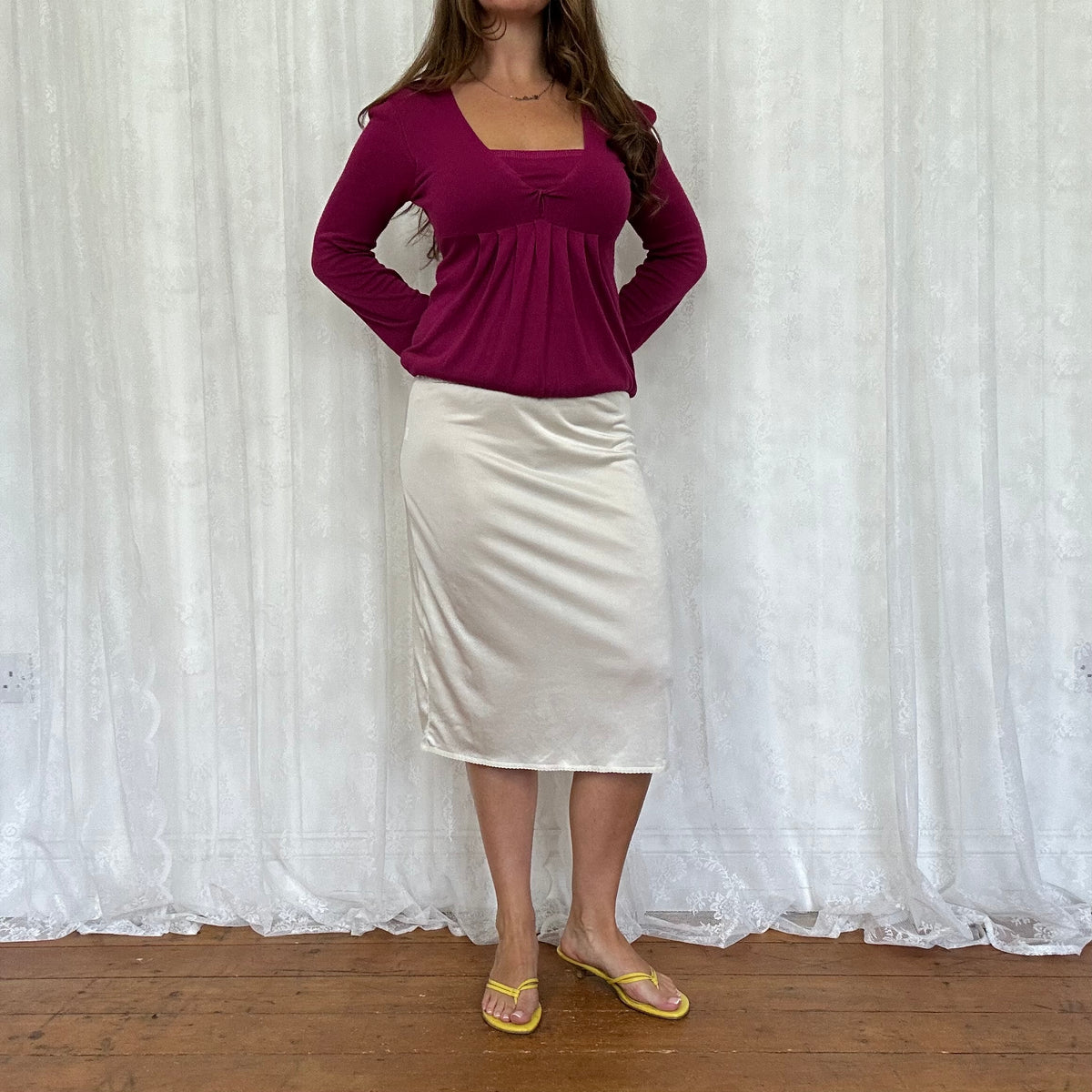 vintage 00s cream satin slip midi skirt