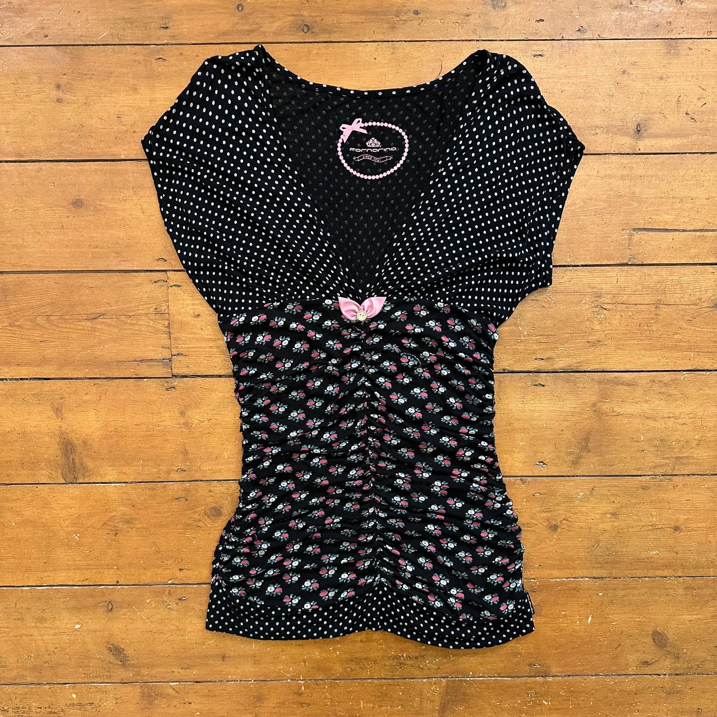 vintage 00s black ruched polka dot and floral top