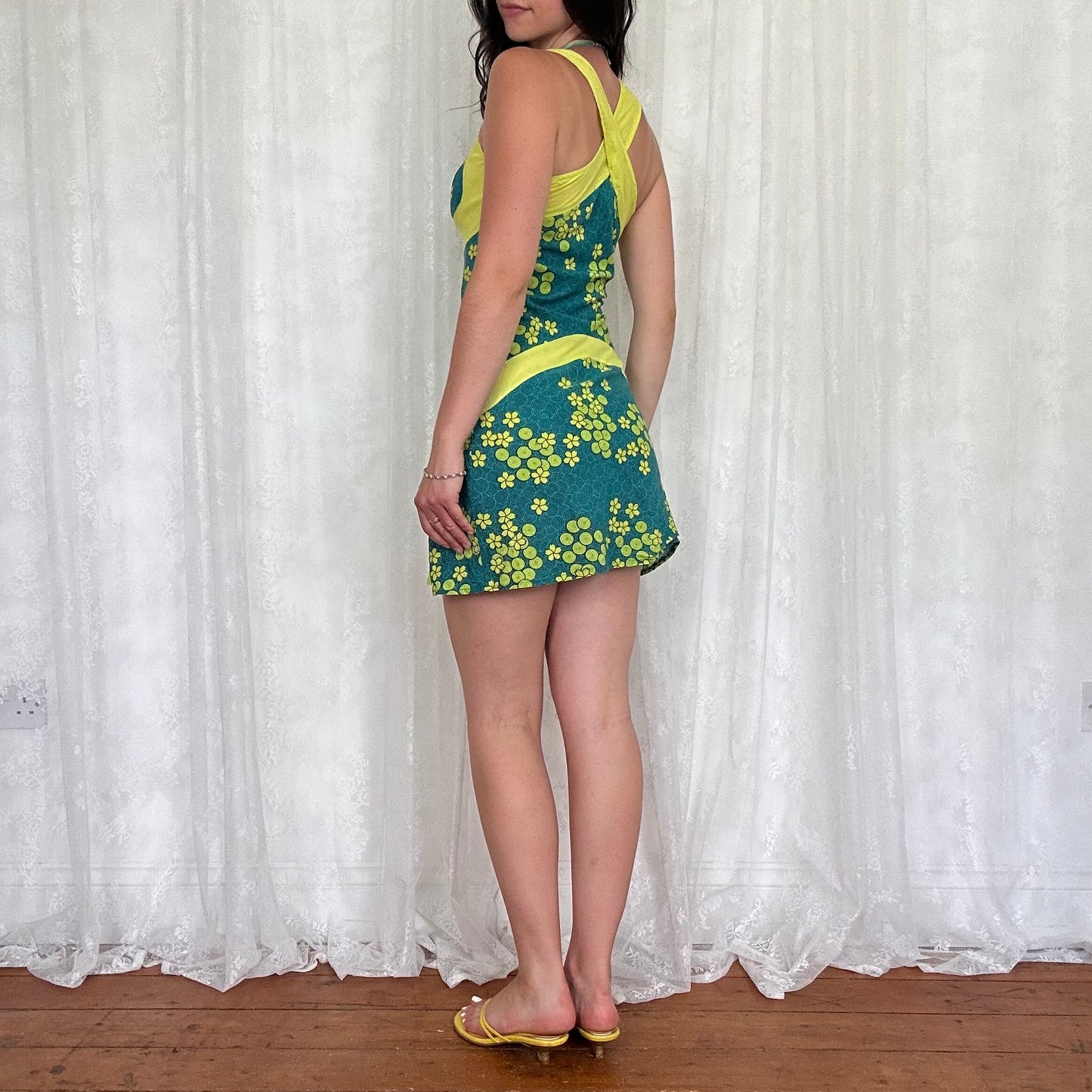 vintage 00s blue and green floral mini dress
