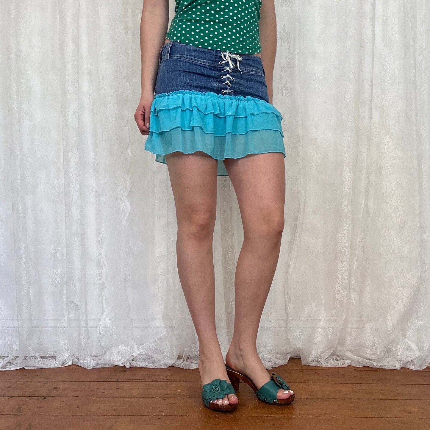vintage 00s blue mesh ruffle denim mini skirt